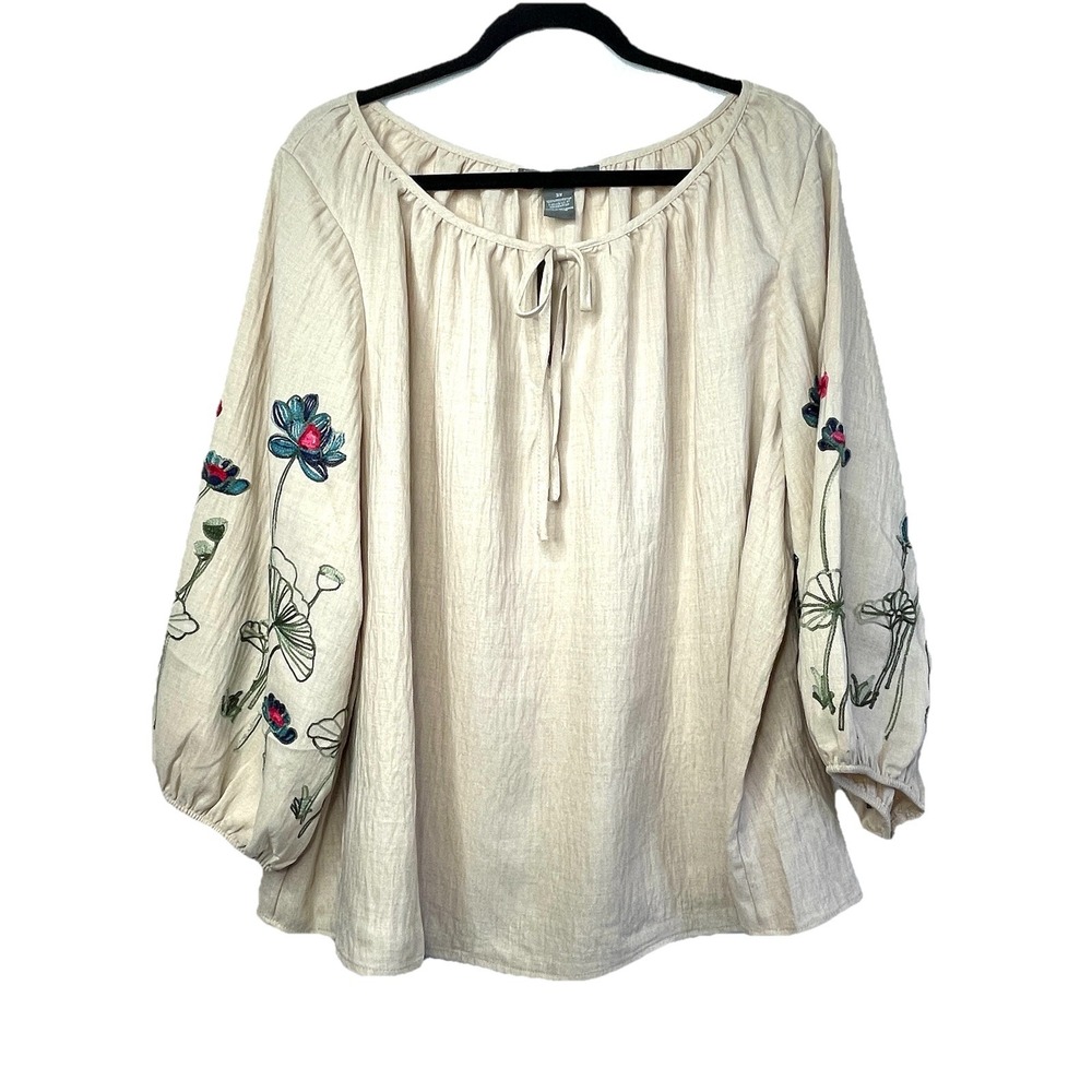 NWT Olivia & Martin Boho Embroidered Peasant Blouse Ballon Sleeves‎ Size 3X - Picture 2 of 11